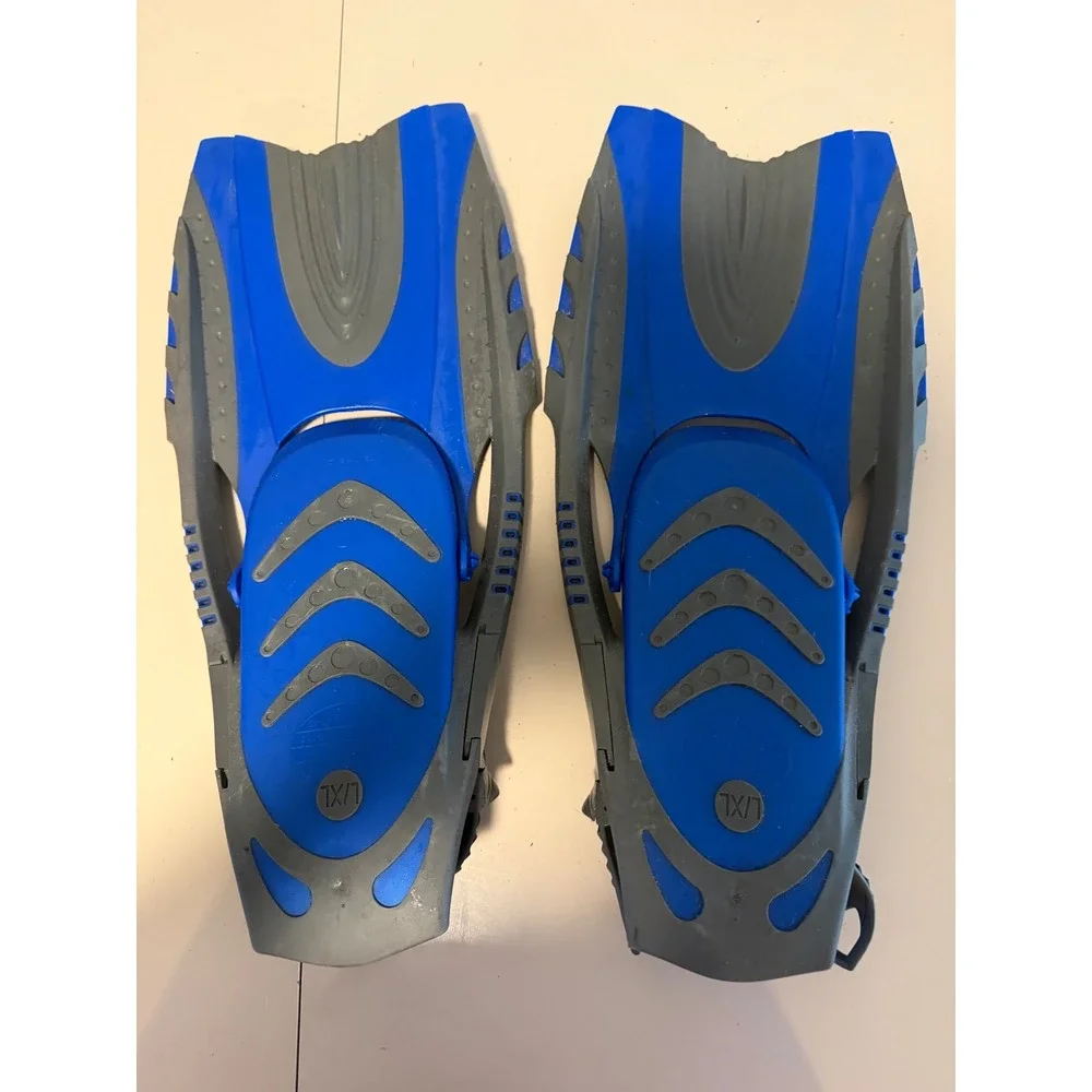 Aqua Lung Sport Snorkel Fins Blue Grey Adjustable Open Heel L/XL with Mesh Bag